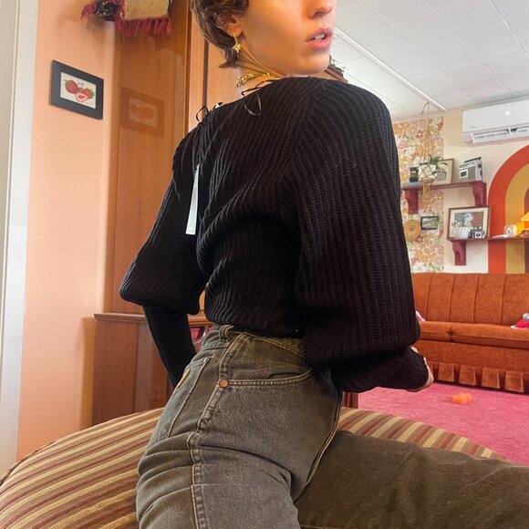 Tags Attached black knitted puffy sleeves drop sleeve plunge knitted sweater! - Picture 8 of 15